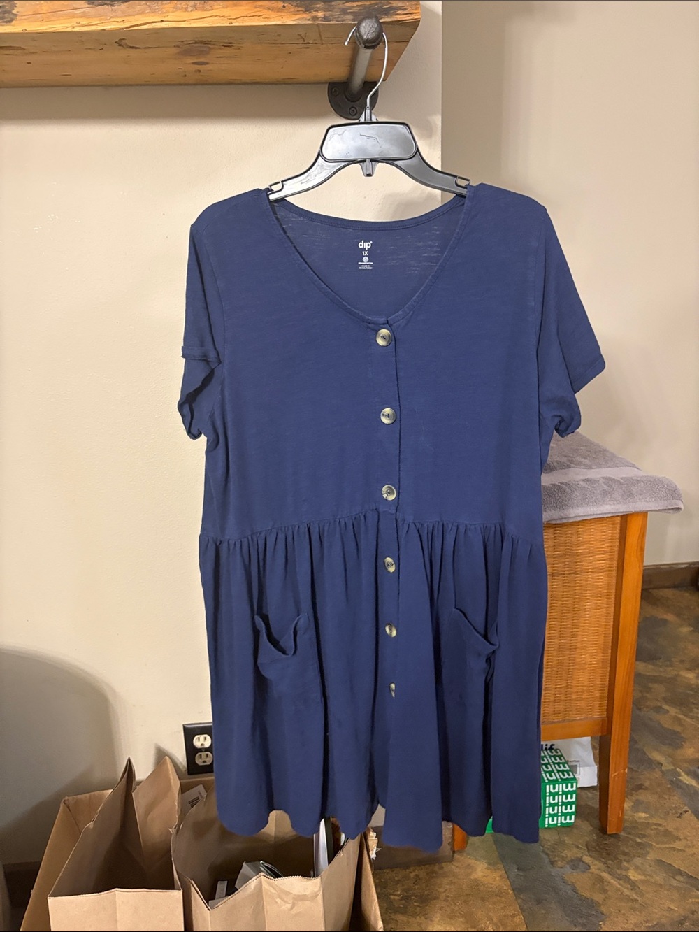 dip Navy Button-Front Midi Dress with Pockets